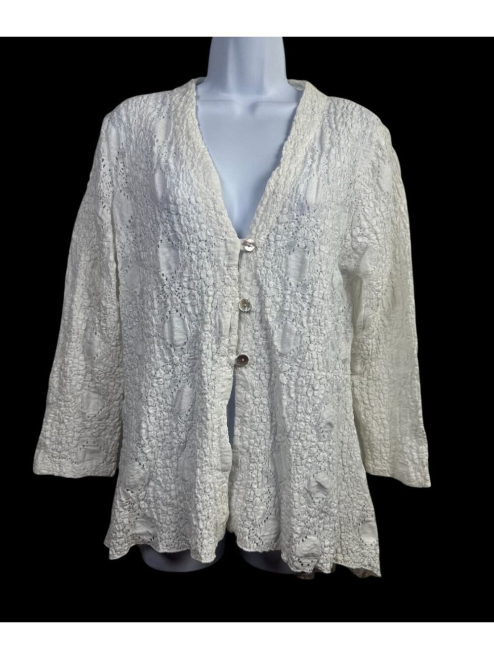 Habitat White Textured Lace Button Front Tunic Cardigan Women Large Lagenlook